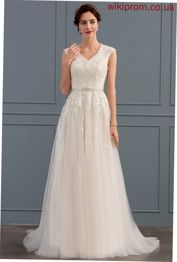 V-neck With Train Beading A-Line Sequins Wedding Dresses Lace Bow(s) Tess Sweep Wedding Dress Tulle