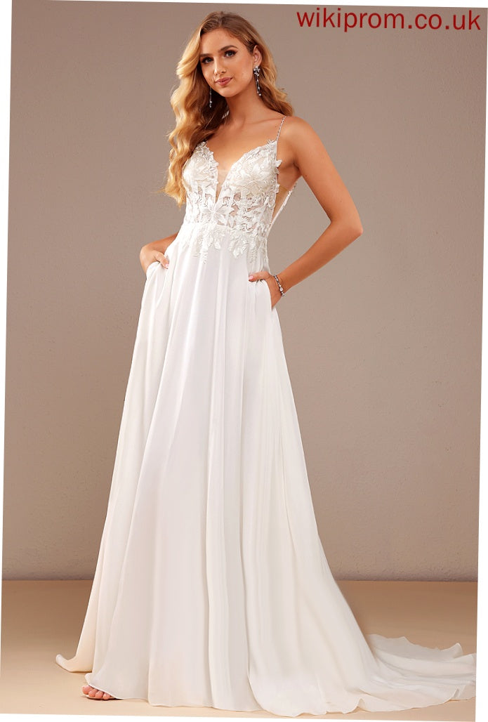 Pockets Evangeline Court Train Feather Lace A-Line Wedding Dresses Sequins V-neck With Wedding Chiffon Dress Beading Lace