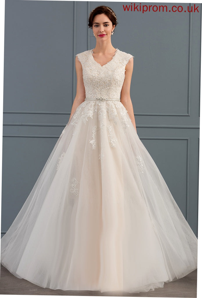 V-neck With Train Beading A-Line Sequins Wedding Dresses Lace Bow(s) Tess Sweep Wedding Dress Tulle