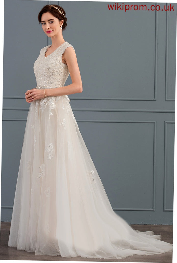 V-neck With Train Beading A-Line Sequins Wedding Dresses Lace Bow(s) Tess Sweep Wedding Dress Tulle