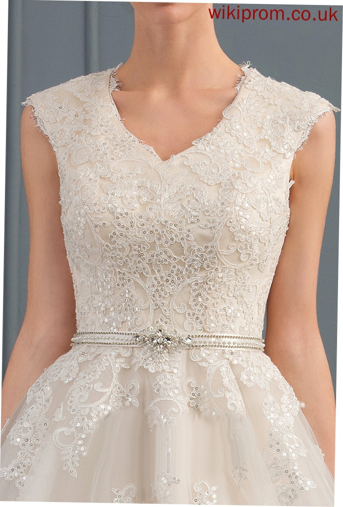 V-neck With Train Beading A-Line Sequins Wedding Dresses Lace Bow(s) Tess Sweep Wedding Dress Tulle