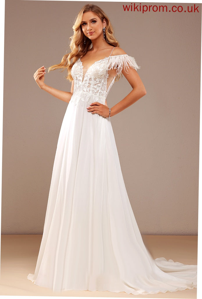 Pockets Evangeline Court Train Feather Lace A-Line Wedding Dresses Sequins V-neck With Wedding Chiffon Dress Beading Lace